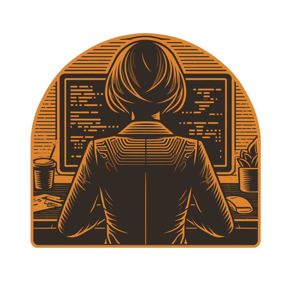 Stylized image of a woman at a computer desk